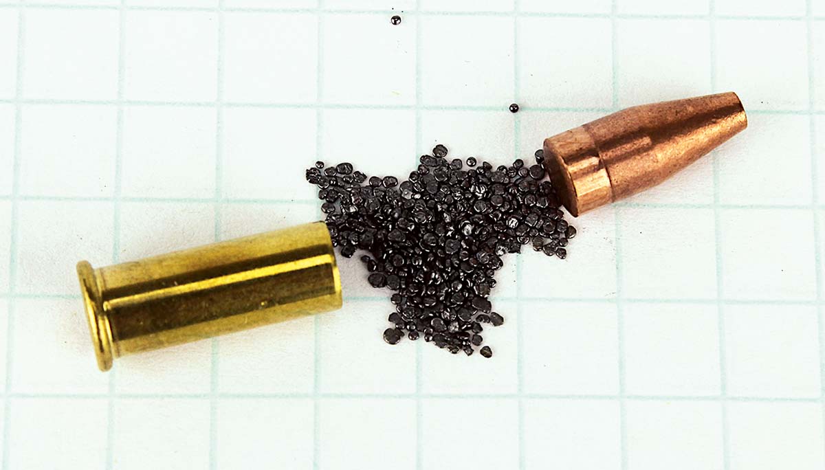 A .22 caliber bullet puller collet was just able to grasp the 21 Sharp’s .2105-inch bullet. The 2.92-grain powder charge starts 25-grain bullets at an advertised 1,750 fps, but actual velocity from an 18-inch barrel averaged 100 fps faster than that.